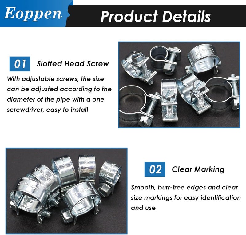 Eoppen 34Pcs 5 Sizes 8-18mm Fuel Line Clamp Assortment Kit, 1/4Inch 5/16Inch 3/8Inch Fuel Injection Gas Line Hose Clamps for Diesel Petrol Pipe - Image 3